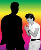 My silhouette with a rainbow surrounding it and me, lighting a smoke, to the side of it. 